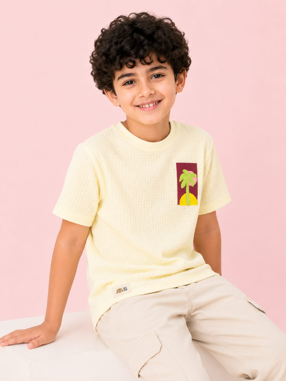 Boys Cream Textured Cotton T-Shirt – Tropical Graphic Casual Half Sleeve Tee BloomUp