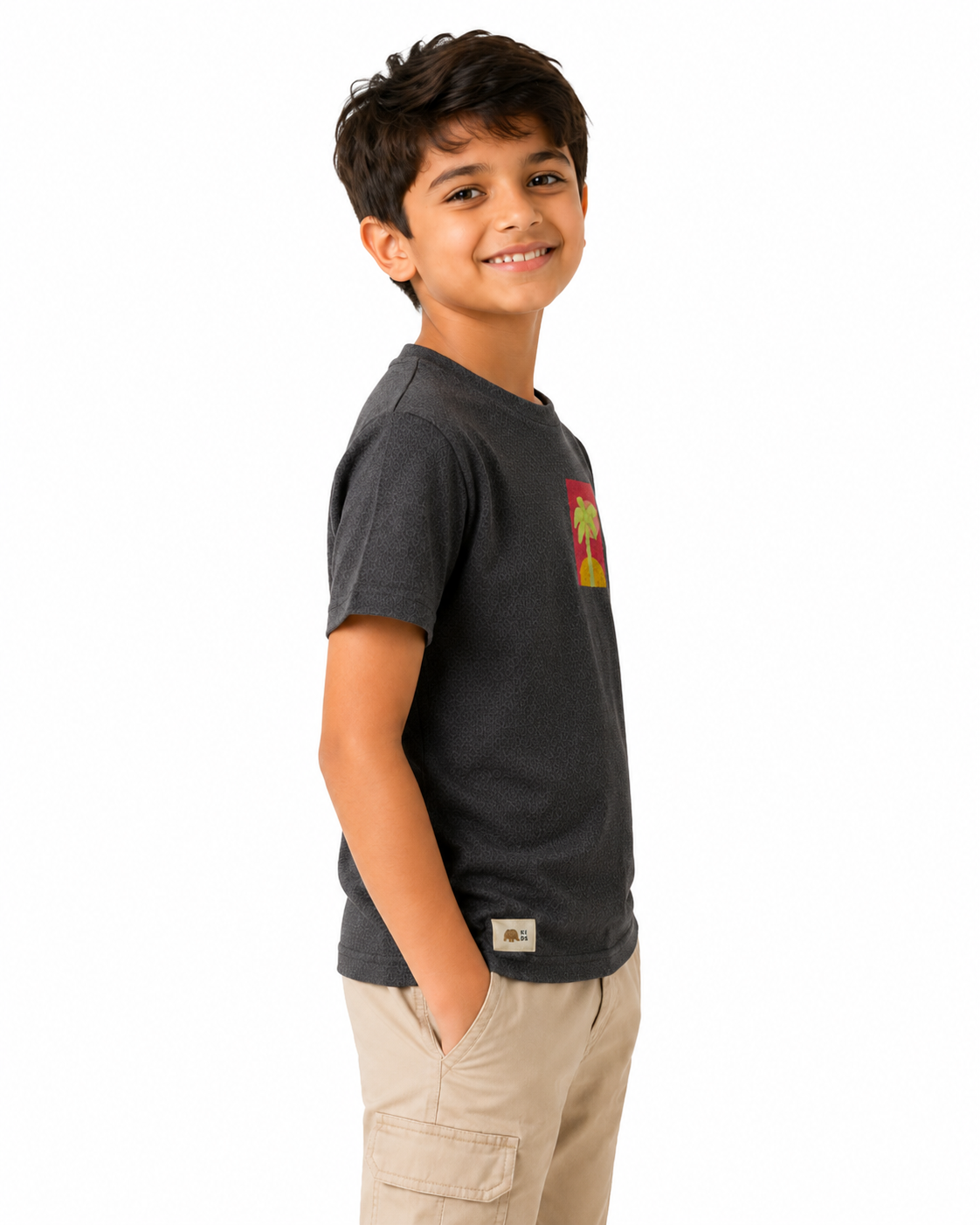 Boys Charcoal Grey Textured Cotton T-Shirt – Tropical Graphic Casual Half Sleeve Tee BloomUp
