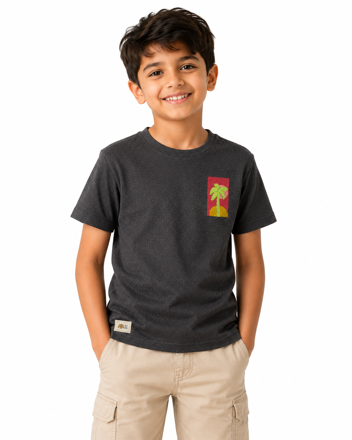 Boys Charcoal Grey Textured Cotton T-Shirt – Tropical Graphic Casual Half Sleeve Tee BloomUp