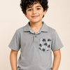 Boys Grey Printed Pocket Polo T-Shirt – Casual Half Sleeve Cotton Tee