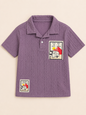 Boys Purple Textured Polo T-Shirt – Adventure Patch Casual Half Sleeve Tee BloomUp
