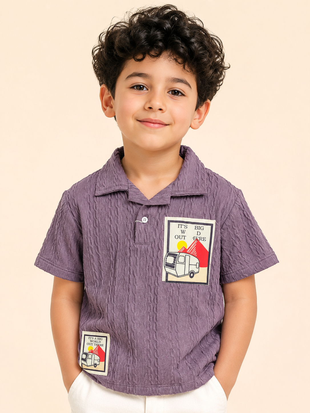 Boys Purple Textured Polo T-Shirt – Adventure Patch Casual Half Sleeve Tee BloomUp