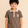 Boys Brown Ribbed Polo T-Shirt – “S” Patch Casual Half Sleeve Tee