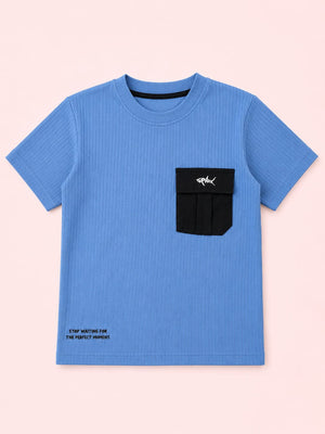 Boys Blue Textured Cotton T-Shirt – Utility Pocket Casual Half Sleeve Tee BloomUp