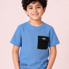 Boys Blue Textured Cotton T-Shirt – Utility Pocket Casual Half Sleeve Tee