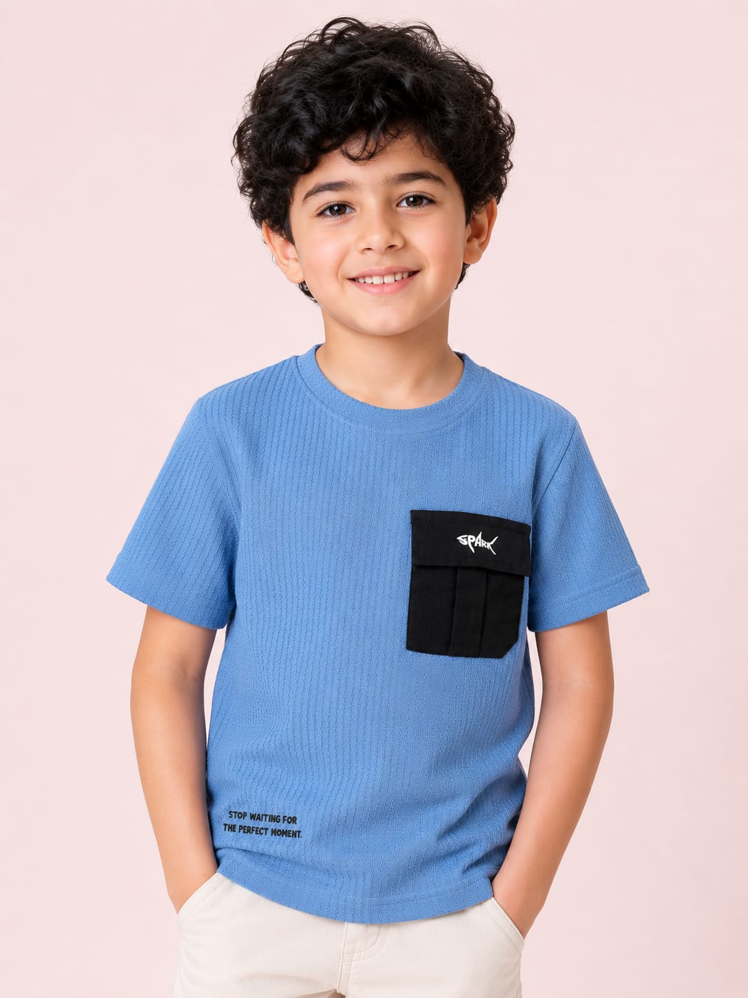Boys Blue Textured Cotton T-Shirt – Utility Pocket Casual Half Sleeve Tee BloomUp
