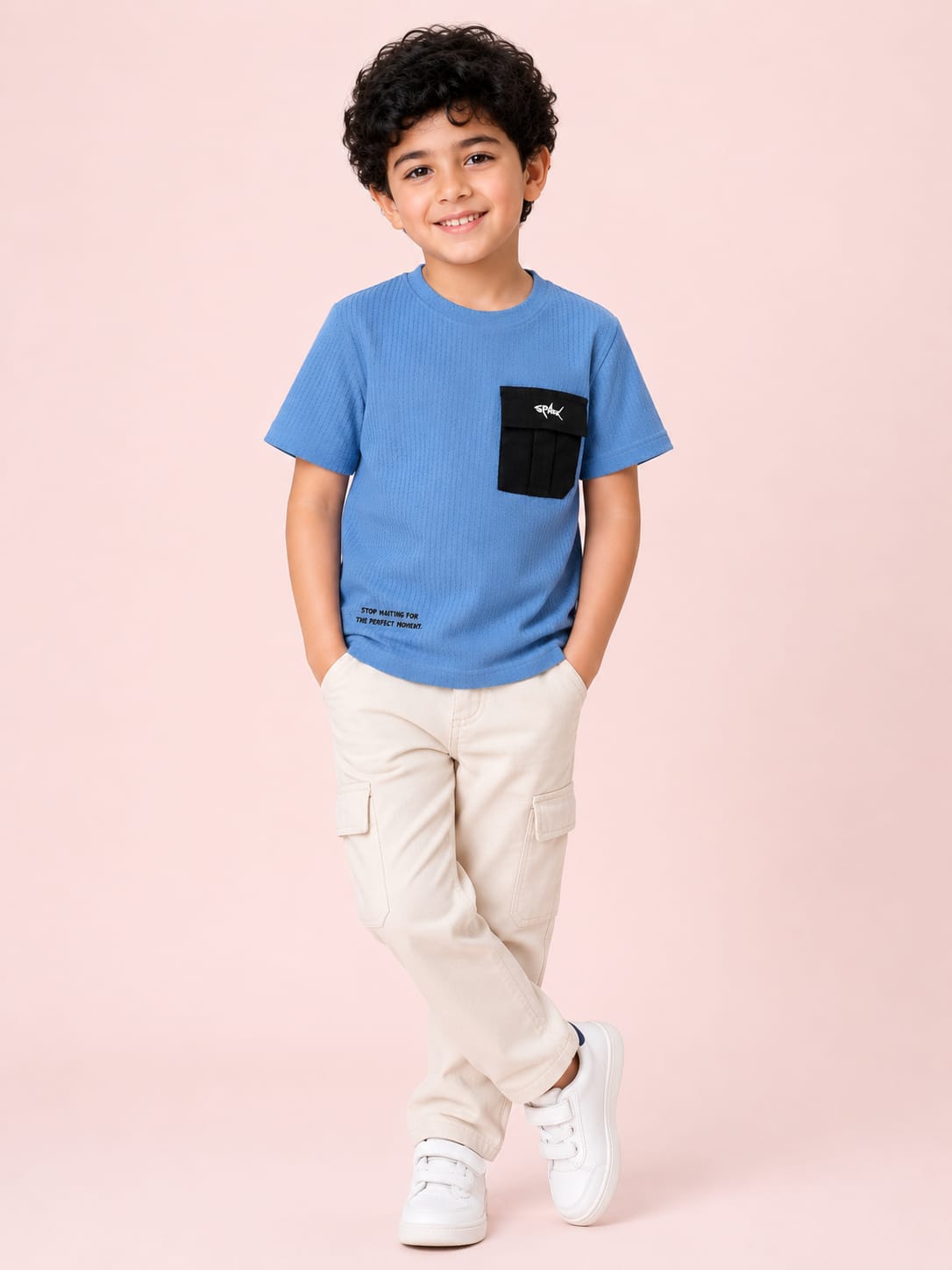 Boys Blue Textured Cotton T-Shirt – Utility Pocket Casual Half Sleeve Tee BloomUp