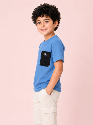 Boys Blue Textured Cotton T-Shirt – Utility Pocket Casual Half Sleeve Tee BloomUp
