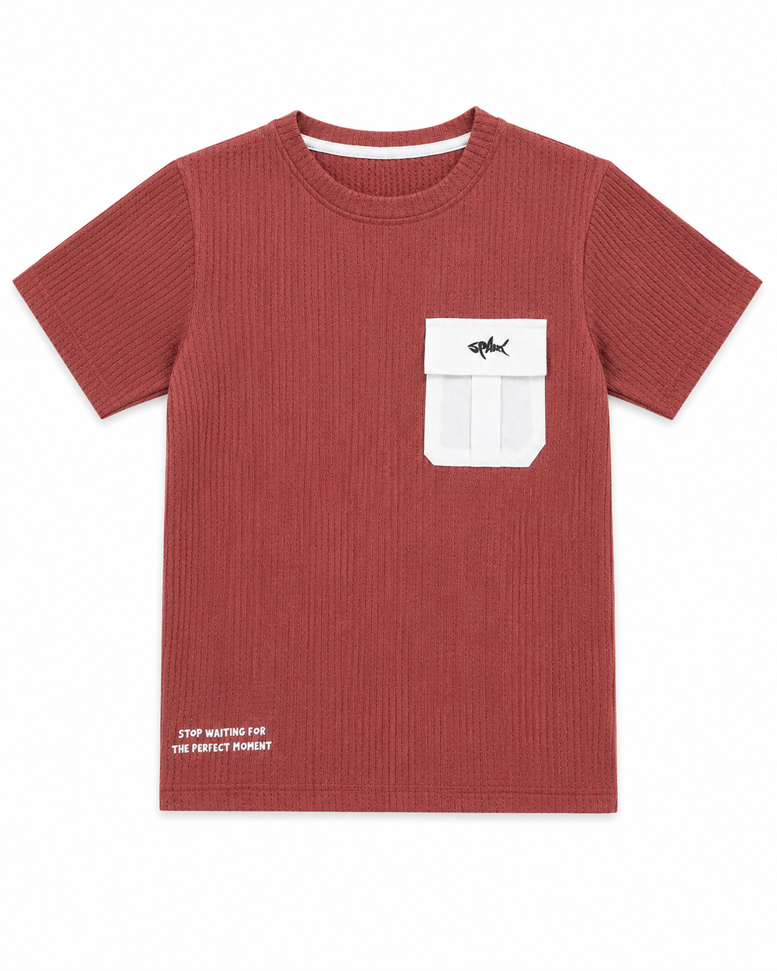 Boys Rust Red Textured Cotton T-Shirt – Utility Pocket Casual Half Sleeve Tee BloomUp