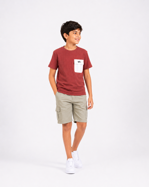 Boys Rust Red Textured Cotton T-Shirt – Utility Pocket Casual Half Sleeve Tee BloomUp