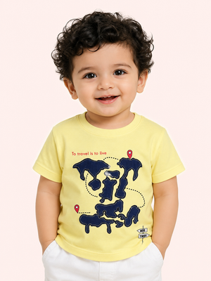 Boys Travel Appliqué Cotton T-Shirt – Lemon Yellow Casual Half Sleeve Tee for Toddlers BloomUp