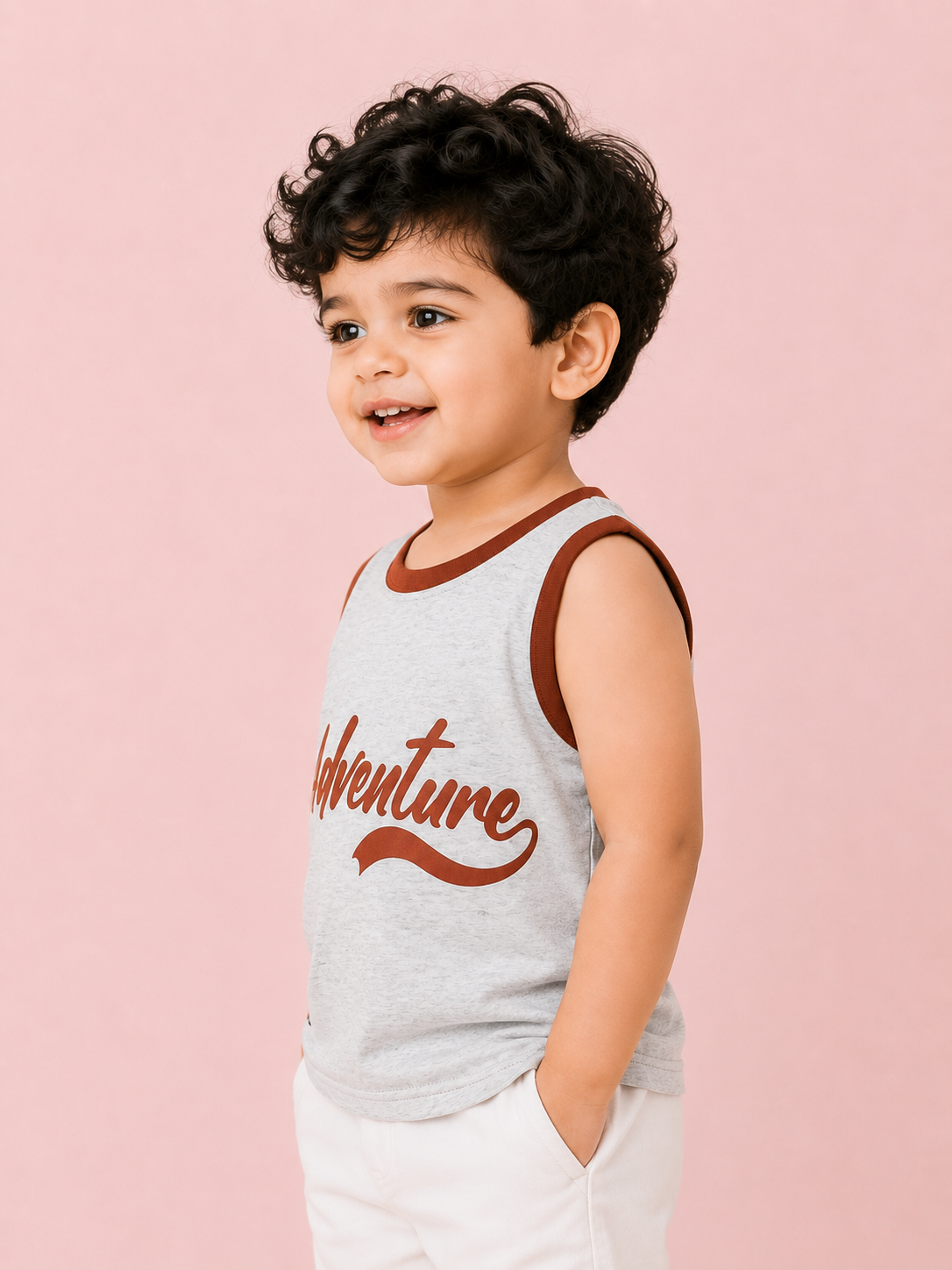 Boys Gray Adventure Print Sleeveless Tank Top Kidswear Cotton Stylish BloomUp