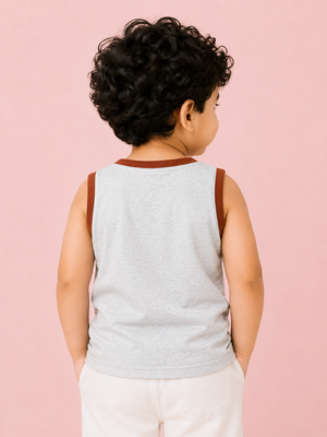 Boys Gray Adventure Print Sleeveless Tank Top Kidswear Cotton Stylish BloomUp