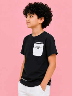Boys Black Textured Cotton T-Shirt – Superior Pocket Detail Casual Half Sleeve Tee BloomUp