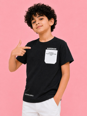 Boys Black Textured Cotton T-Shirt – Superior Pocket Detail Casual Half Sleeve Tee BloomUp