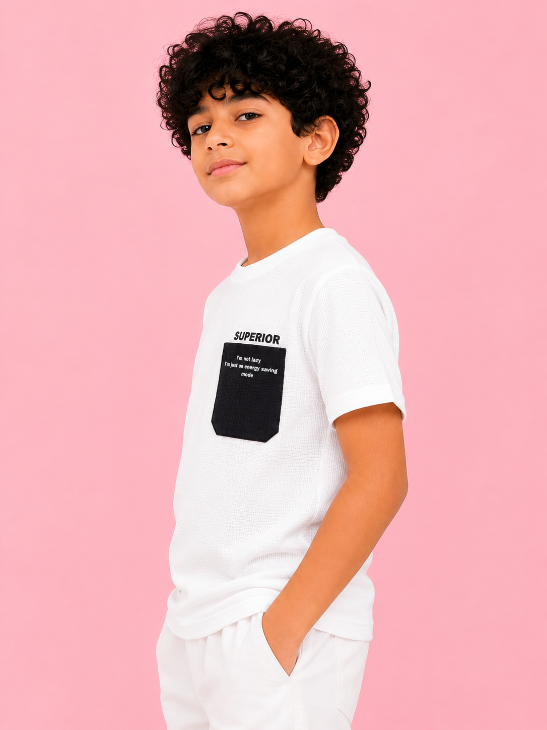 Boys White Textured Cotton T-Shirt – Superior Pocket Detail Casual Half Sleeve Tee BloomUp
