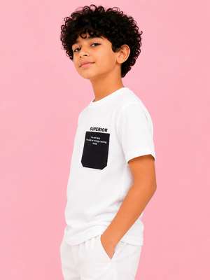 Boys White Textured Cotton T-Shirt – Superior Pocket Detail Casual Half Sleeve Tee BloomUp