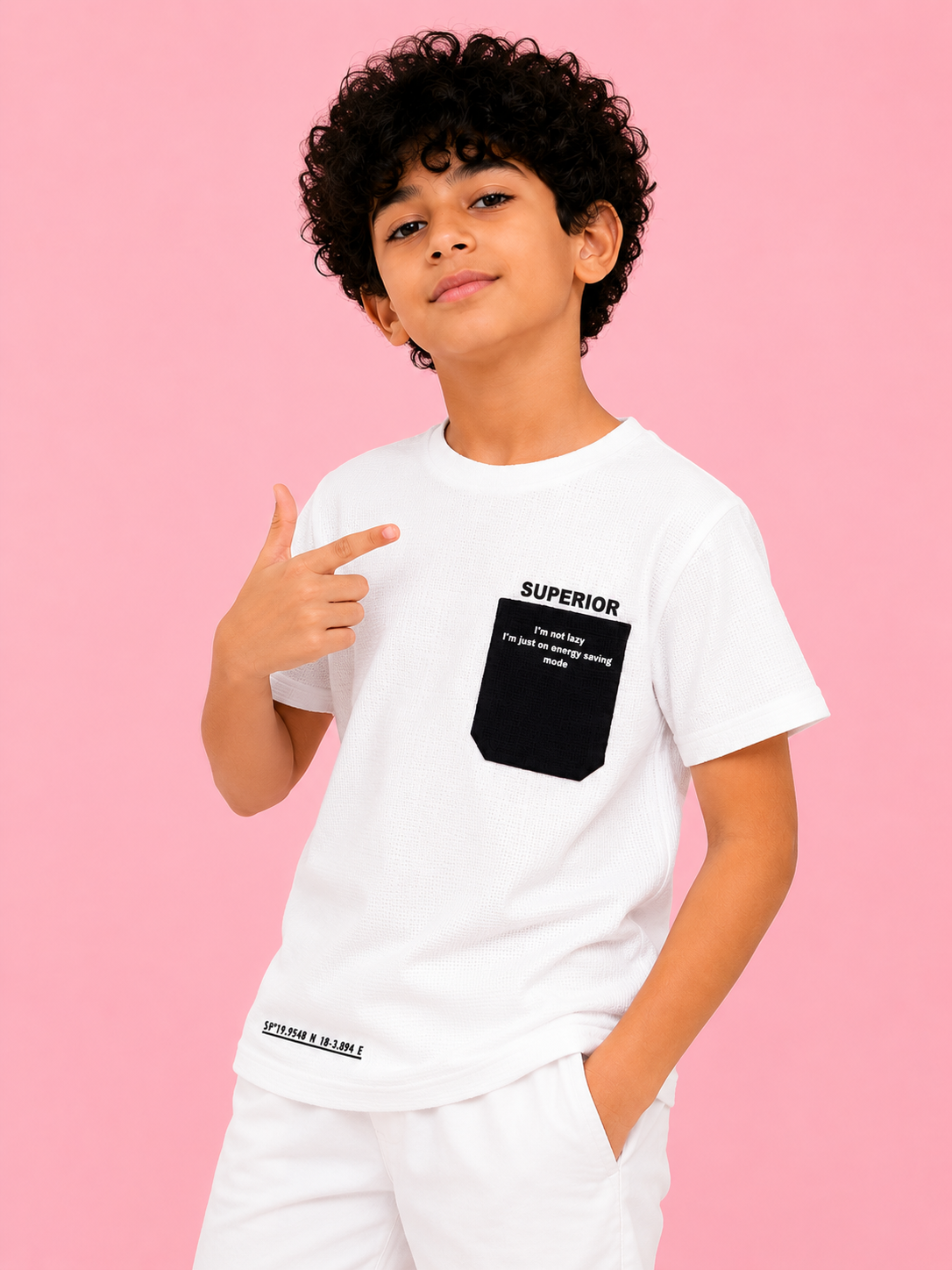 Boys White Textured Cotton T-Shirt – Superior Pocket Detail Casual Half Sleeve Tee BloomUp