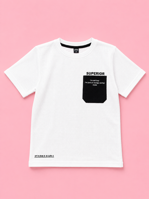 Boys White Textured Cotton T-Shirt – Superior Pocket Detail Casual Half Sleeve Tee BloomUp