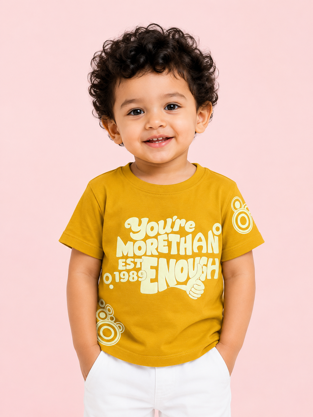 Boys Mustard Typography Graphic Cotton T-Shirt – Casual Half Sleeve Kids Tee BloomUp