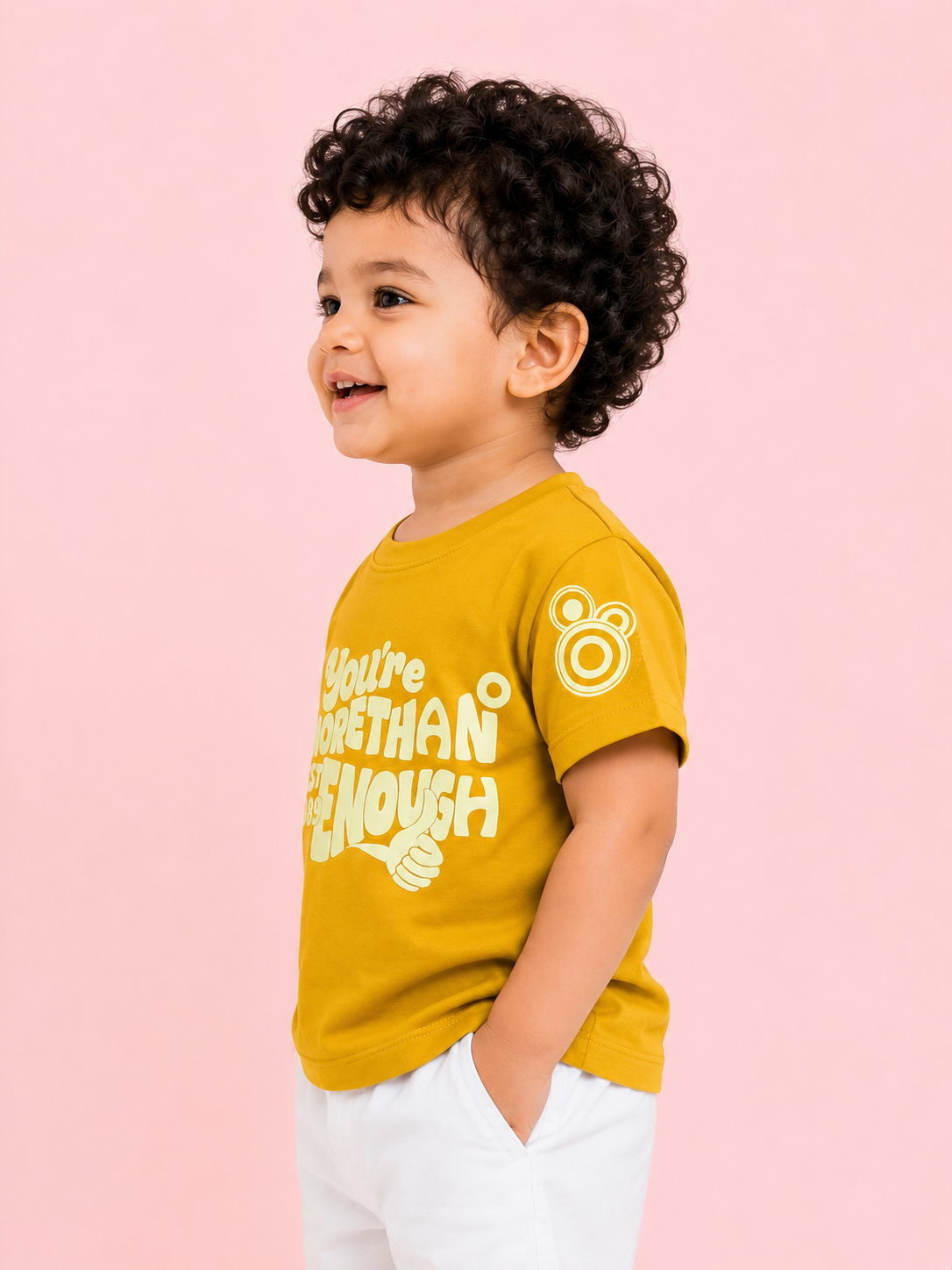 Boys Mustard Typography Graphic Cotton T-Shirt – Casual Half Sleeve Kids Tee BloomUp