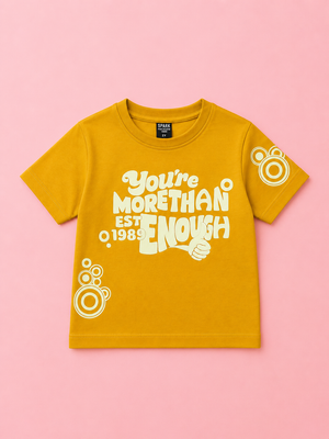 Boys Mustard Typography Graphic Cotton T-Shirt – Casual Half Sleeve Kids Tee BloomUp