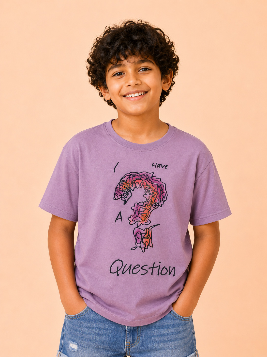 Boys “I Have A Question” Graphic Cotton T-Shirt – Lavender Casual Half Sleeve Tee for Kids BloomUp