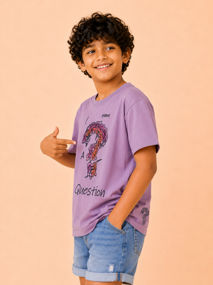 Boys “I Have A Question” Graphic Cotton T-Shirt – Lavender Casual Half Sleeve Tee for Kids BloomUp