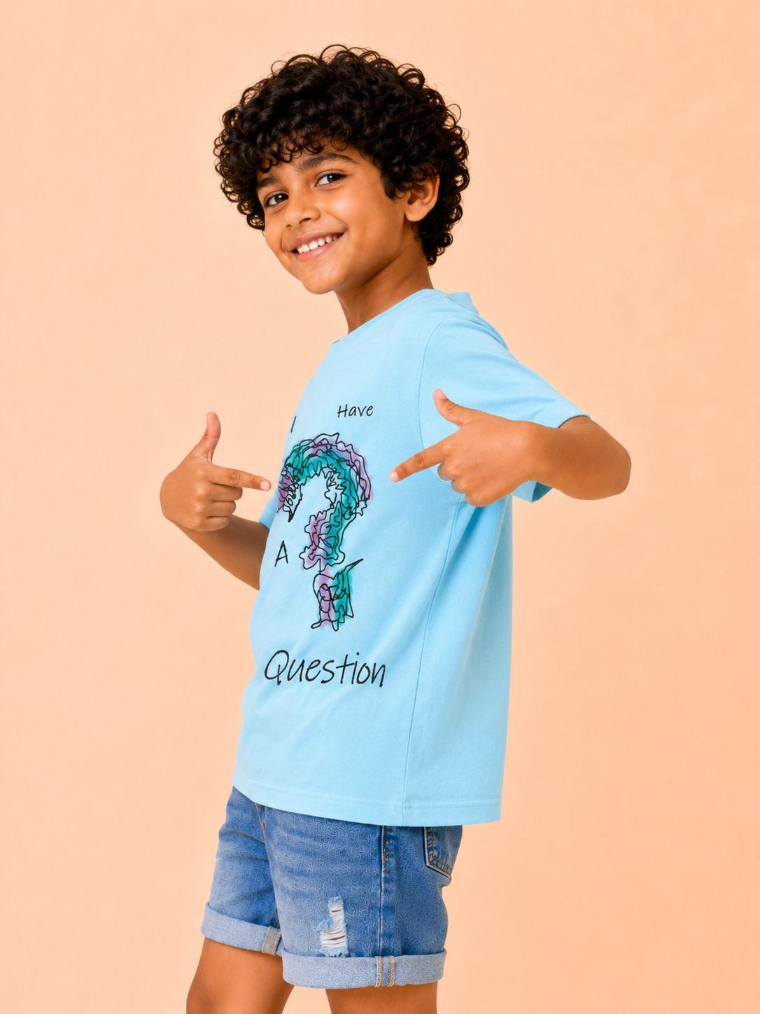 Boys “I Have A Question” Graphic Cotton T-Shirt – Sky Blue Casual Half Sleeve Tee for Kids BloomUp