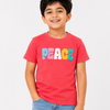 Boys Red “PEACE” Towel Embroidery T-Shirt – Casual Cotton Half Sleeve Tee for Kids