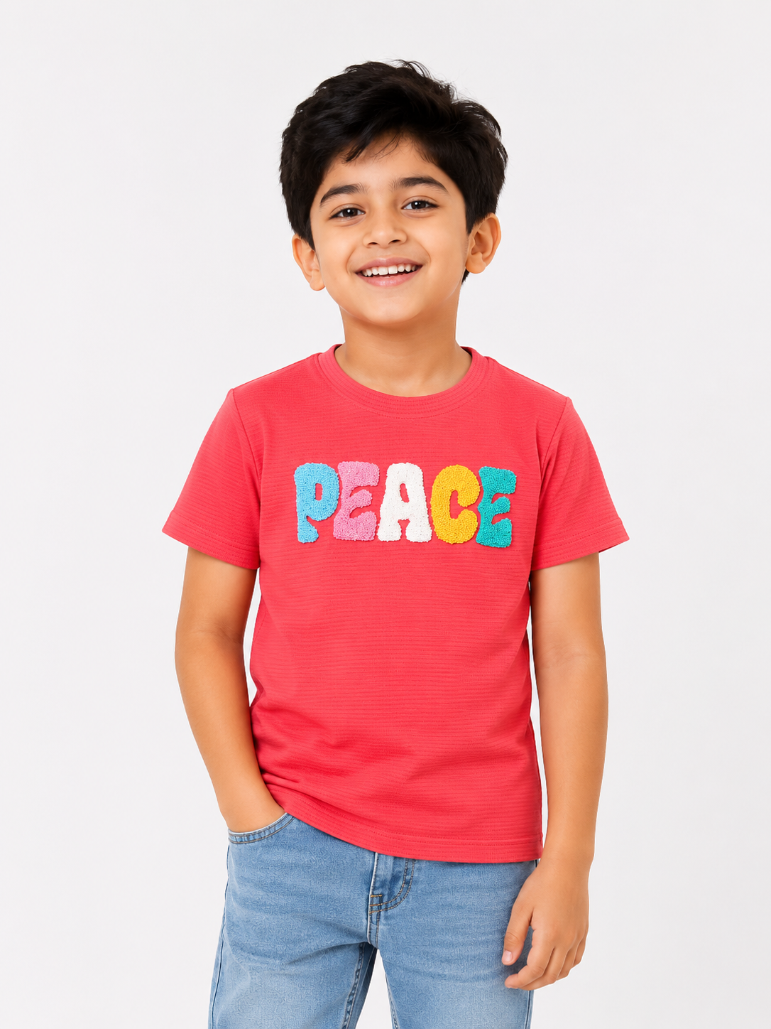 Boys Red “PEACE” Towel Embroidery T-Shirt – Casual Cotton Half Sleeve Tee for Kids BloomUp