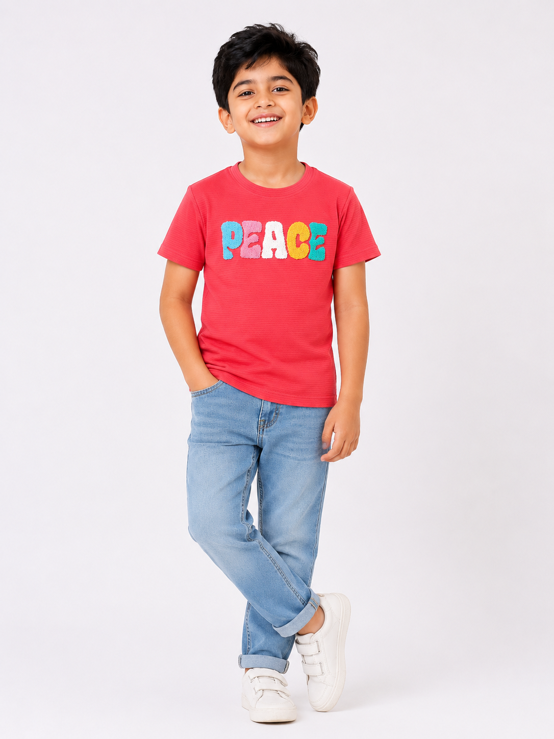 Boys Red “PEACE” Towel Embroidery T-Shirt – Casual Cotton Half Sleeve Tee for Kids BloomUp