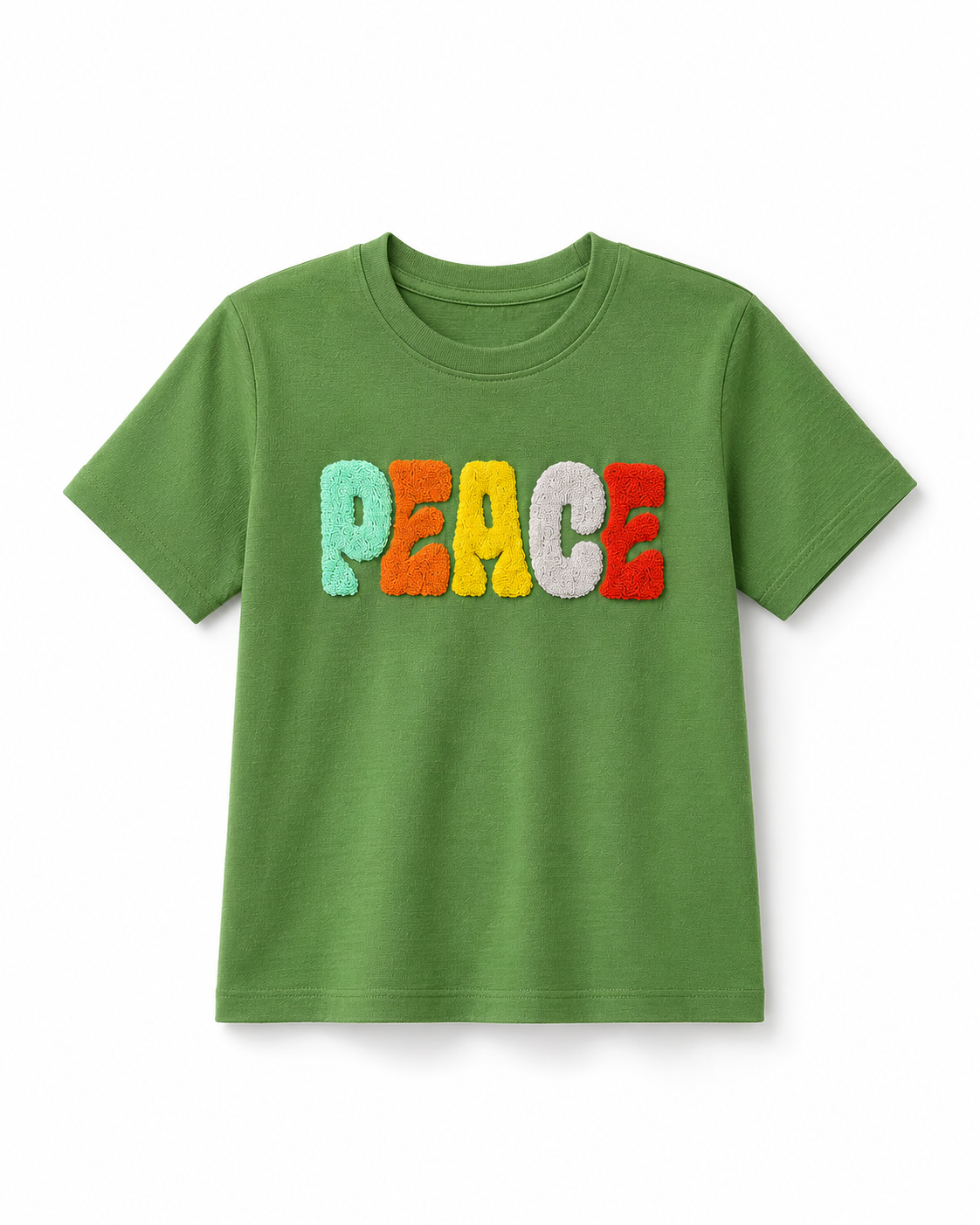 Boys Green “PEACE” Towel Embroidery T-Shirt – Casual Cotton Half Sleeve Tee for Kids BloomUp