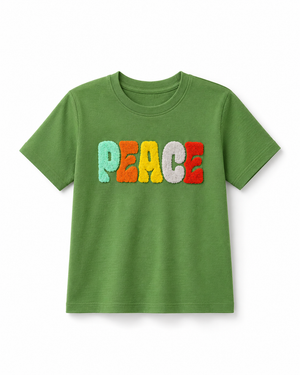 Boys Green “PEACE” Towel Embroidery T-Shirt – Casual Cotton Half Sleeve Tee for Kids BloomUp