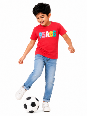 Boys Red “PEACE” Towel Embroidery T-Shirt – Casual Cotton Half Sleeve Tee for Kids BloomUp