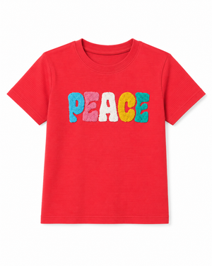 Boys Red “PEACE” Towel Embroidery T-Shirt – Casual Cotton Half Sleeve Tee for Kids BloomUp