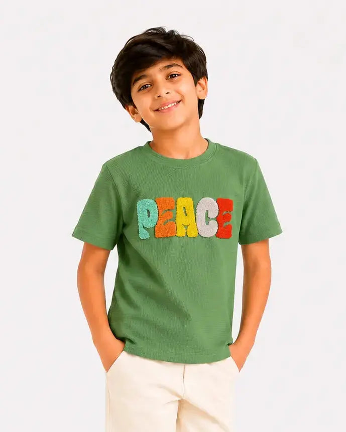 Boys Green “PEACE” Towel Embroidery T-Shirt – Casual Cotton Half Sleeve Tee for Kids BloomUp
