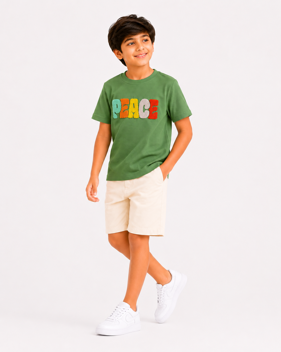 Boys Green “PEACE” Towel Embroidery T-Shirt – Casual Cotton Half Sleeve Tee for Kids BloomUp