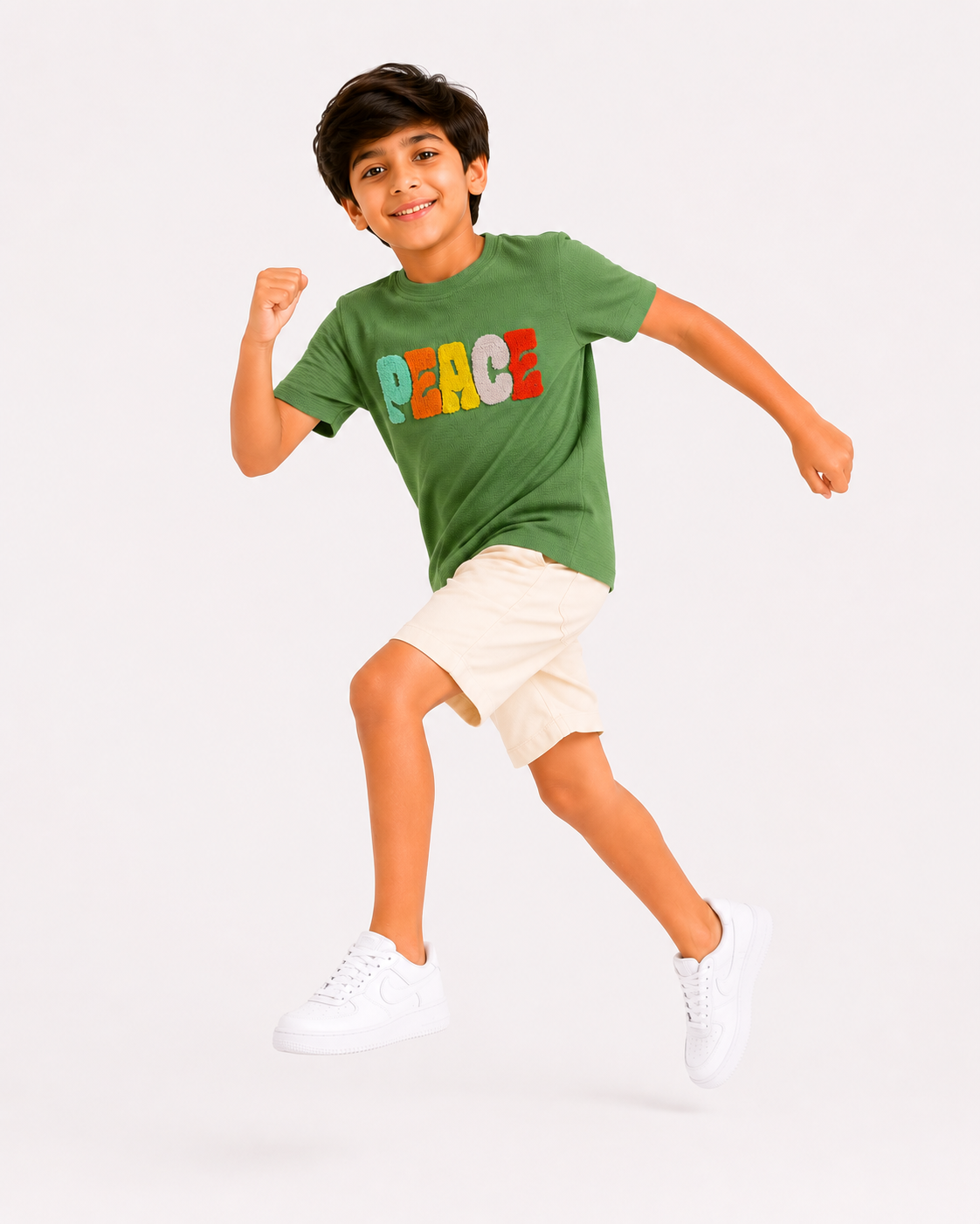 Boys Green “PEACE” Towel Embroidery T-Shirt – Casual Cotton Half Sleeve Tee for Kids BloomUp