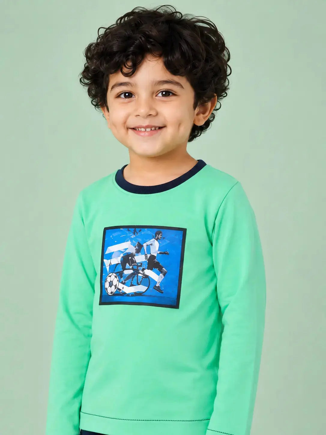 BloomUp Mint Green Sports Graphic T-Shirt for Boys – Soft Cotton Full Sleeve Casual Wear