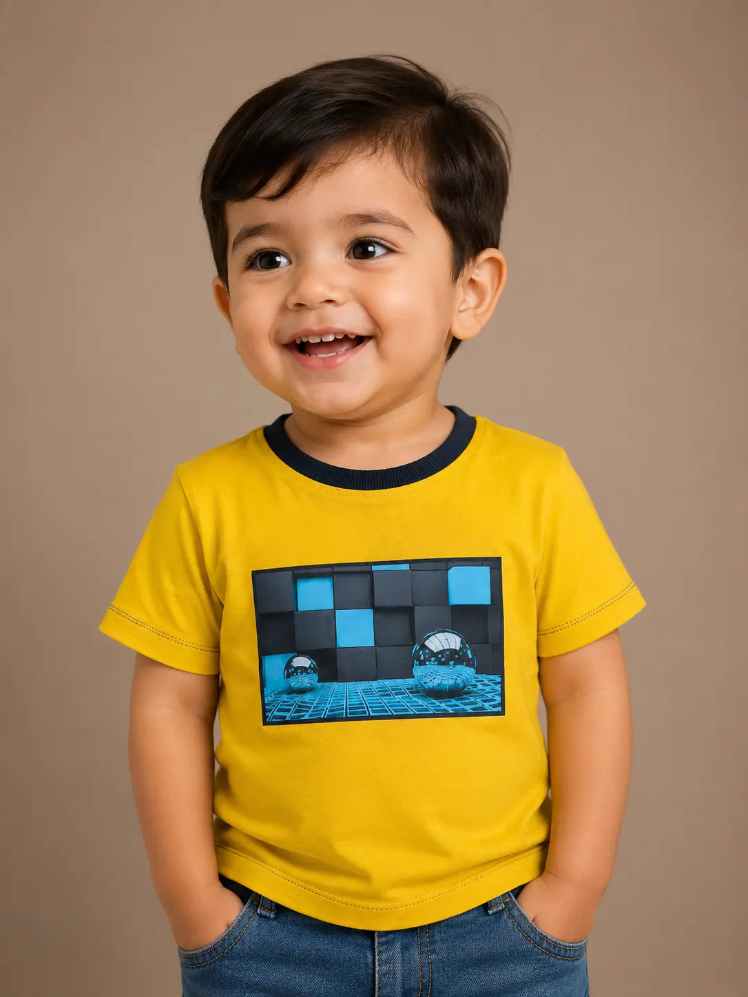BloomUp Yellow Space Graphic Kids T-Shirt – Premium Cotton Casual Wear Tee with Futuristic Print