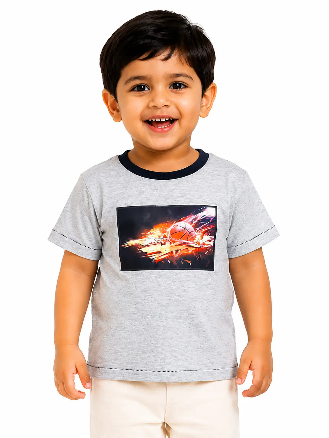 BloomUp Grey Basketball Flame Graphic Kids T-Shirt – Premium Cotton Sporty Casual Wear Tee