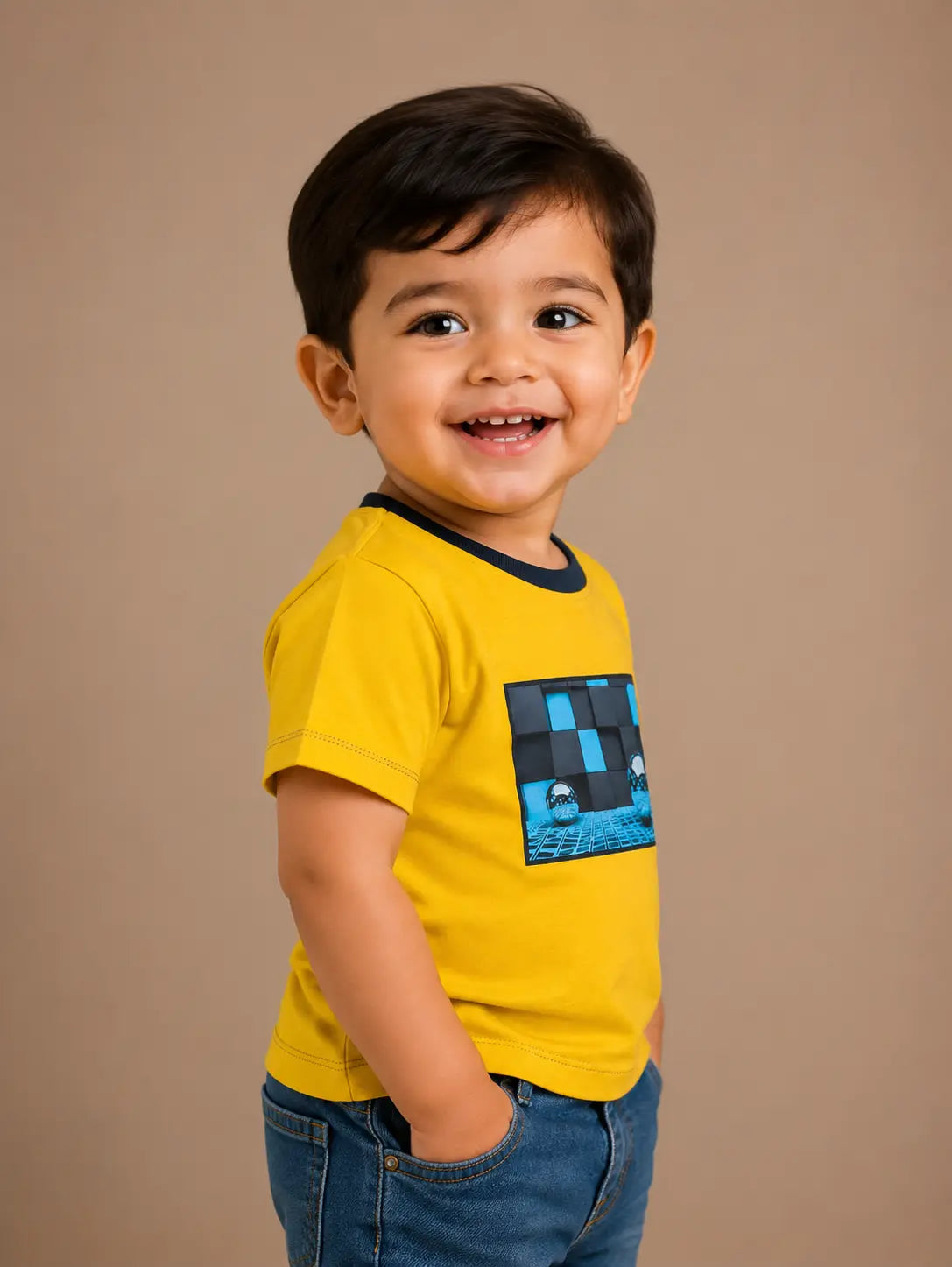 BloomUp Yellow Space Graphic Kids T-Shirt – Premium Cotton Casual Wear Tee with Futuristic Print