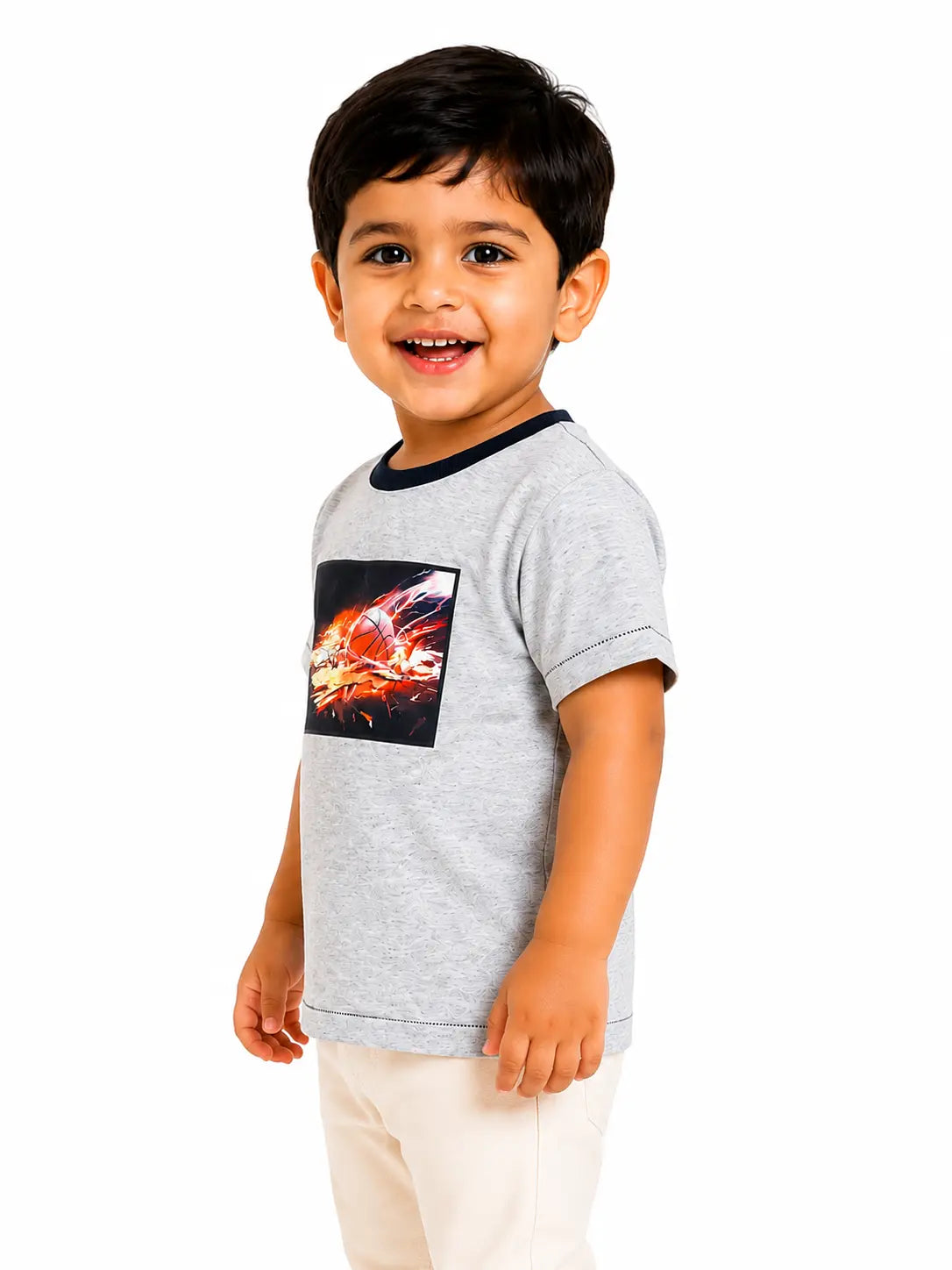 BloomUp Grey Basketball Flame Graphic Kids T-Shirt – Premium Cotton Sporty Casual Wear Tee