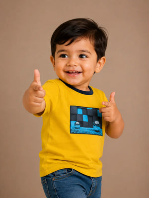 BloomUp Yellow Space Graphic Kids T-Shirt – Premium Cotton Casual Wear Tee with Futuristic Print