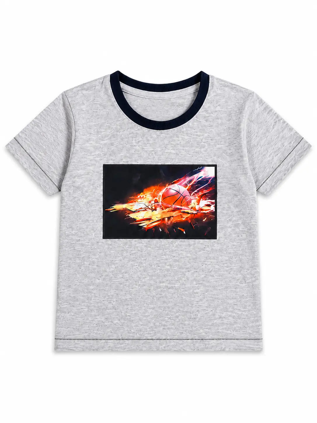 BloomUp Grey Basketball Flame Graphic Kids T-Shirt – Premium Cotton Sporty Casual Wear Tee