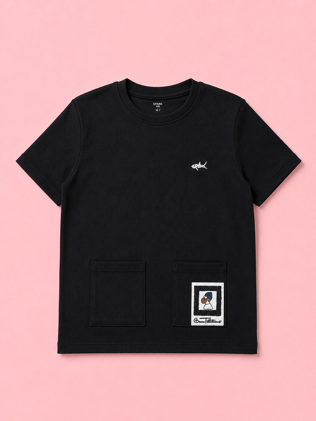 Boys Black Textured Cotton T-Shirt – Casual Pocket Detail Half Sleeve Tee for Kids BloomUp