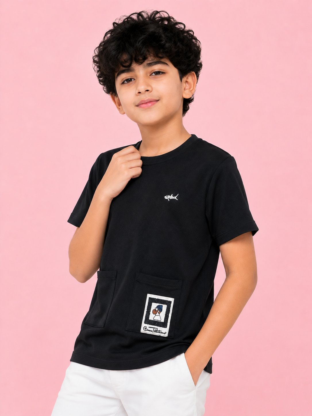 Boys Black Textured Cotton T-Shirt – Casual Pocket Detail Half Sleeve Tee for Kids BloomUp