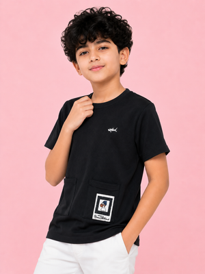 Boys Black Textured Cotton T-Shirt – Casual Pocket Detail Half Sleeve Tee for Kids BloomUp