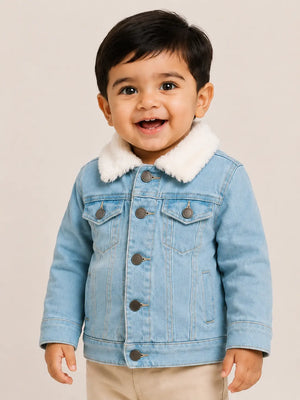 BloomUp Light Blue Denim Fur Collar Jacket for Kids – Premium Winter Wear Warm Cotton Denim Jacket